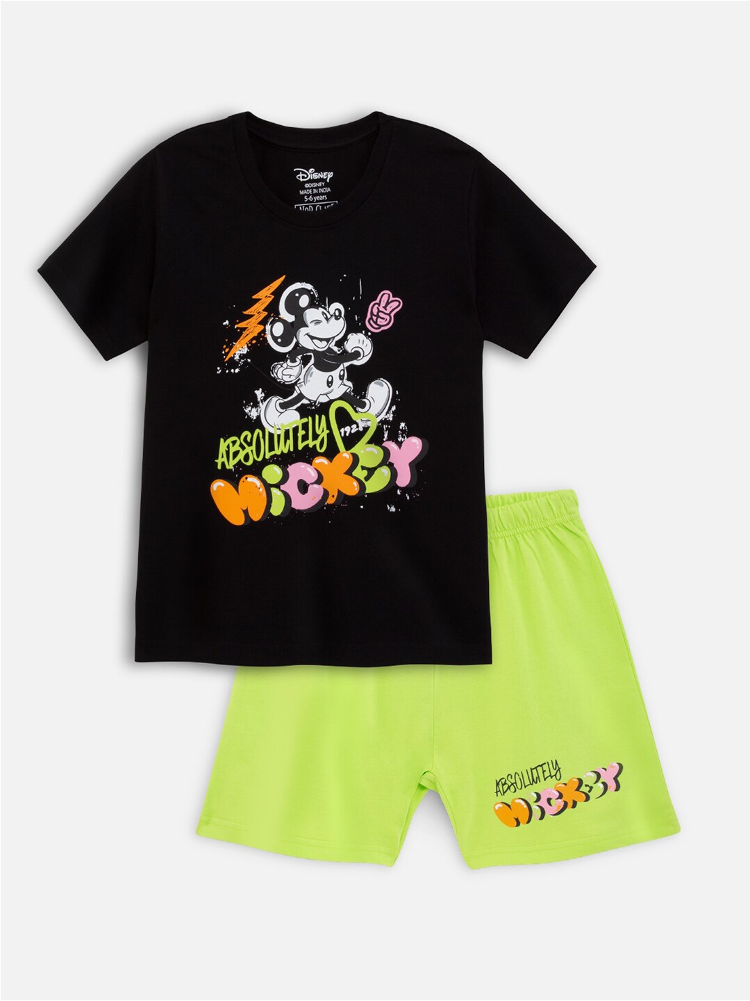 

Nap Chief Kids Printed Pure Cotton Mickey Mouse T-shirt With Shorts, Fluorescent green