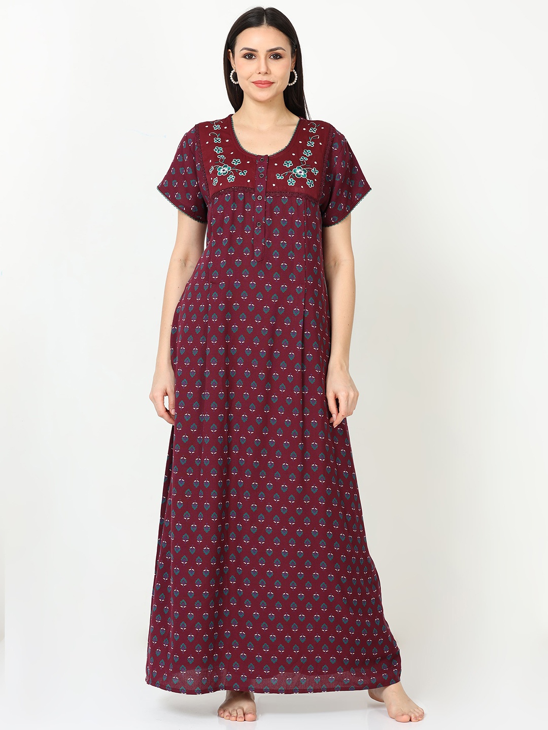 

9shines Label Ethnic Motifs Printed Maternity Maxi Nightdress, Red