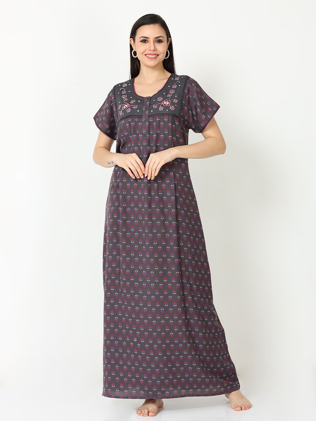 

9shines Label Ethnic Motifs Printed Maternity Maxi Nightdress, Grey