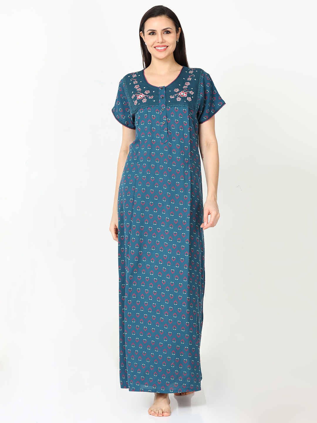 

9shines Label Ethnic Motifs Printed Maternity Maxi Nightdress, Blue