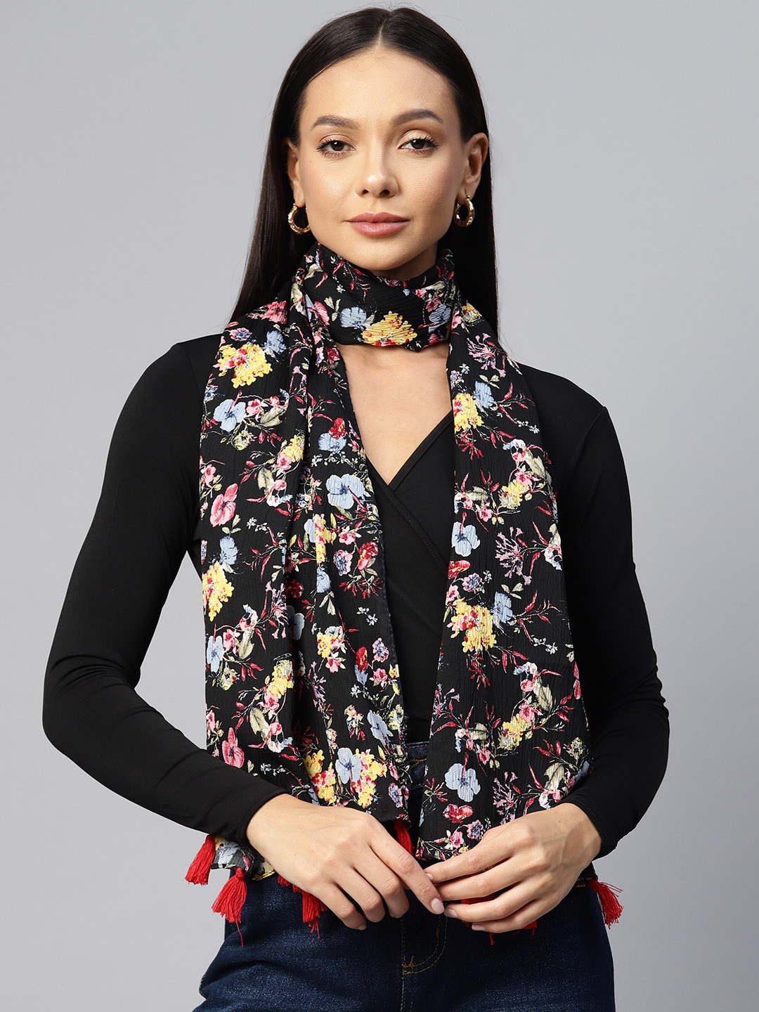 

WEAVERS VILLA Floral Printed Chiffon Stole, Black