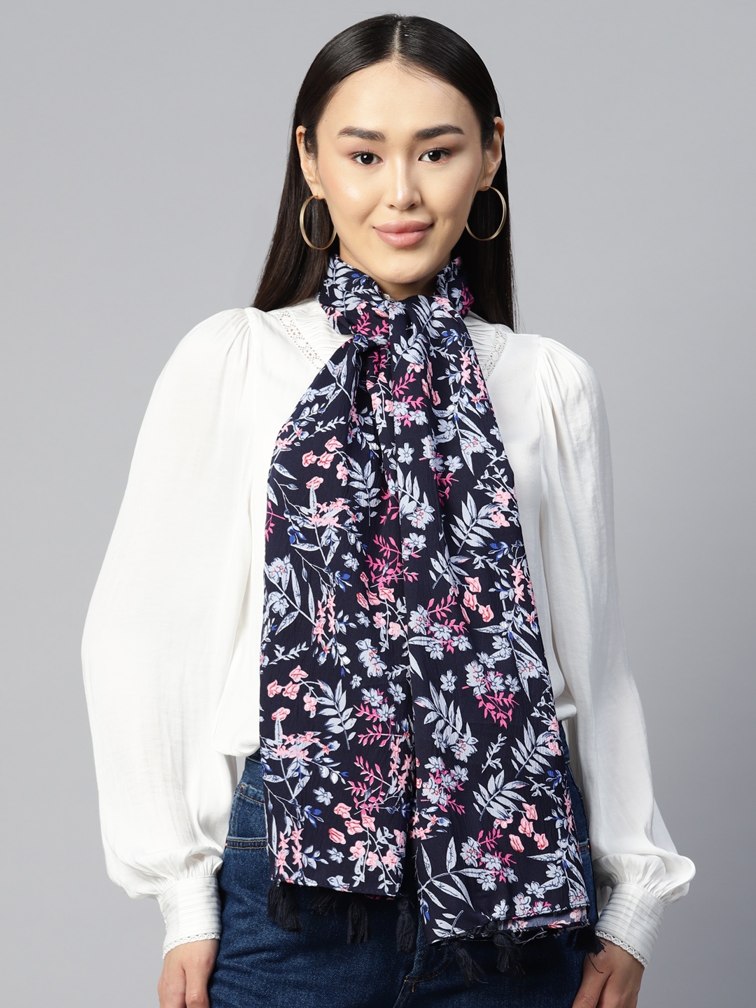 

WEAVERS VILLA Floral Printed Chiffon Stole, Navy blue