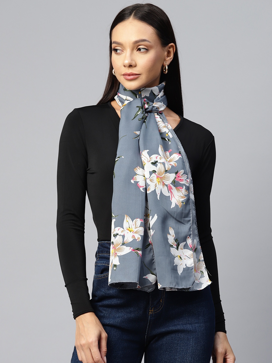 

WEAVERS VILLA Floral Printed Cotton Stole, Grey