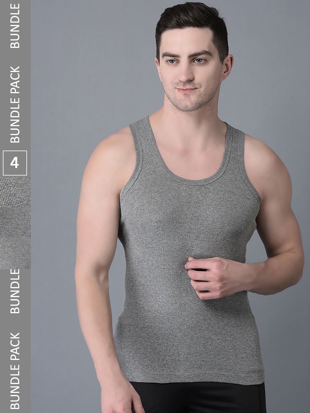 

Dollar Bigboss Men Solid Pack of 4 Cotton Vests MBVE-06-DRBY-GM-PO4, Grey