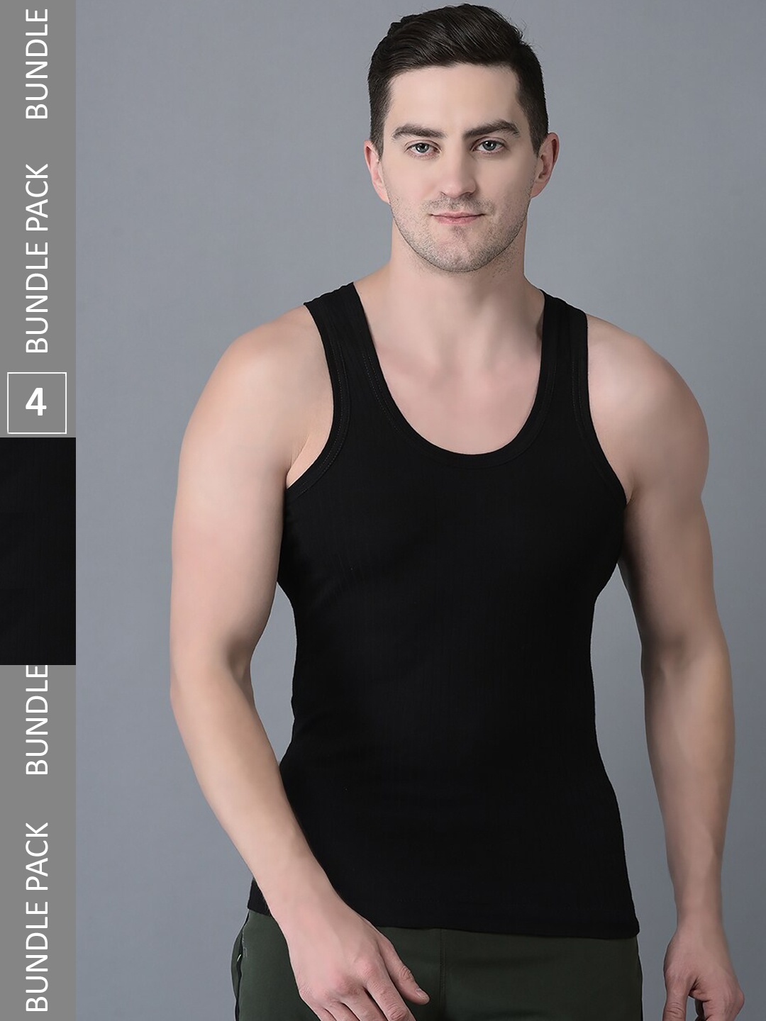 

Dollar Bigboss Men Solid Pack of 4 Cotton Vest MBVE-07-HTCH-BLK-PO4, Black