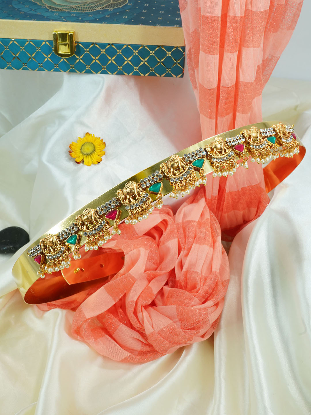 

GRIIHAM Gold-Plated Stone Studded & Beaded Antique Waist Belt, Green