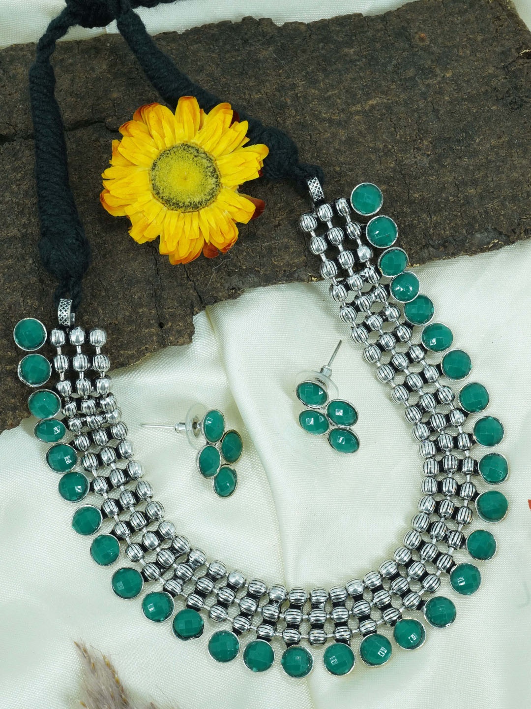 

GRIIHAM Silver-Plated American Diamond-Studded Oxidised Jewellery Set, Green