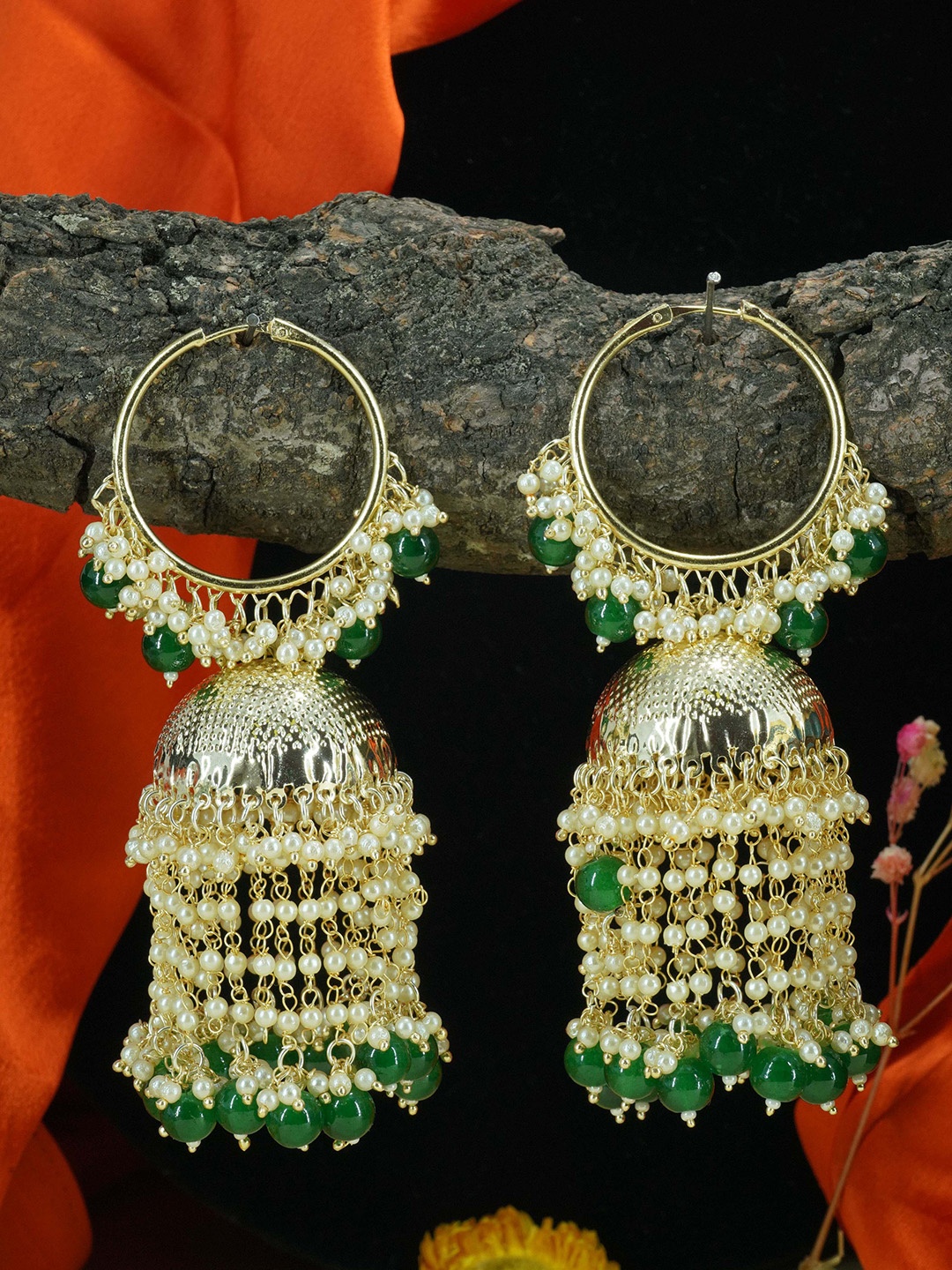 

GRIIHAM Gold Plated Contemporary Jhumkas Earrings, Green