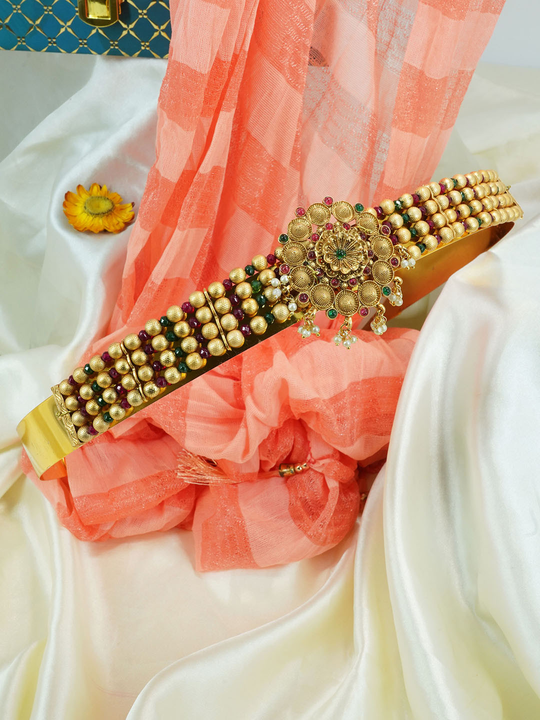 

GRIIHAM Gold Plated CZ Studded & Beaded Adjustable Waist Belt, Red