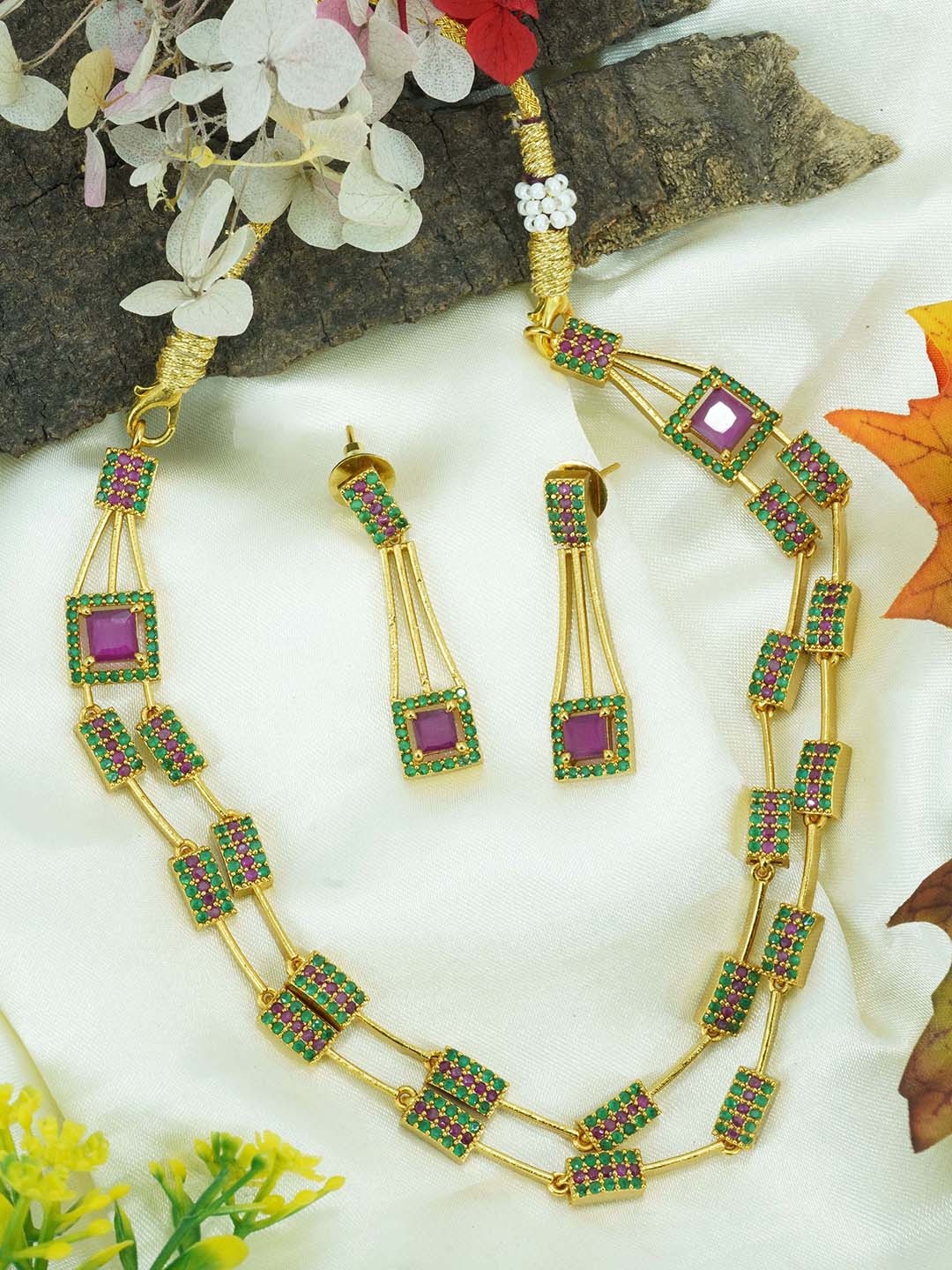 

GRIIHAM 23.5 KT Gold-Plated American Diamond-Studded Jewellery Set, Pink
