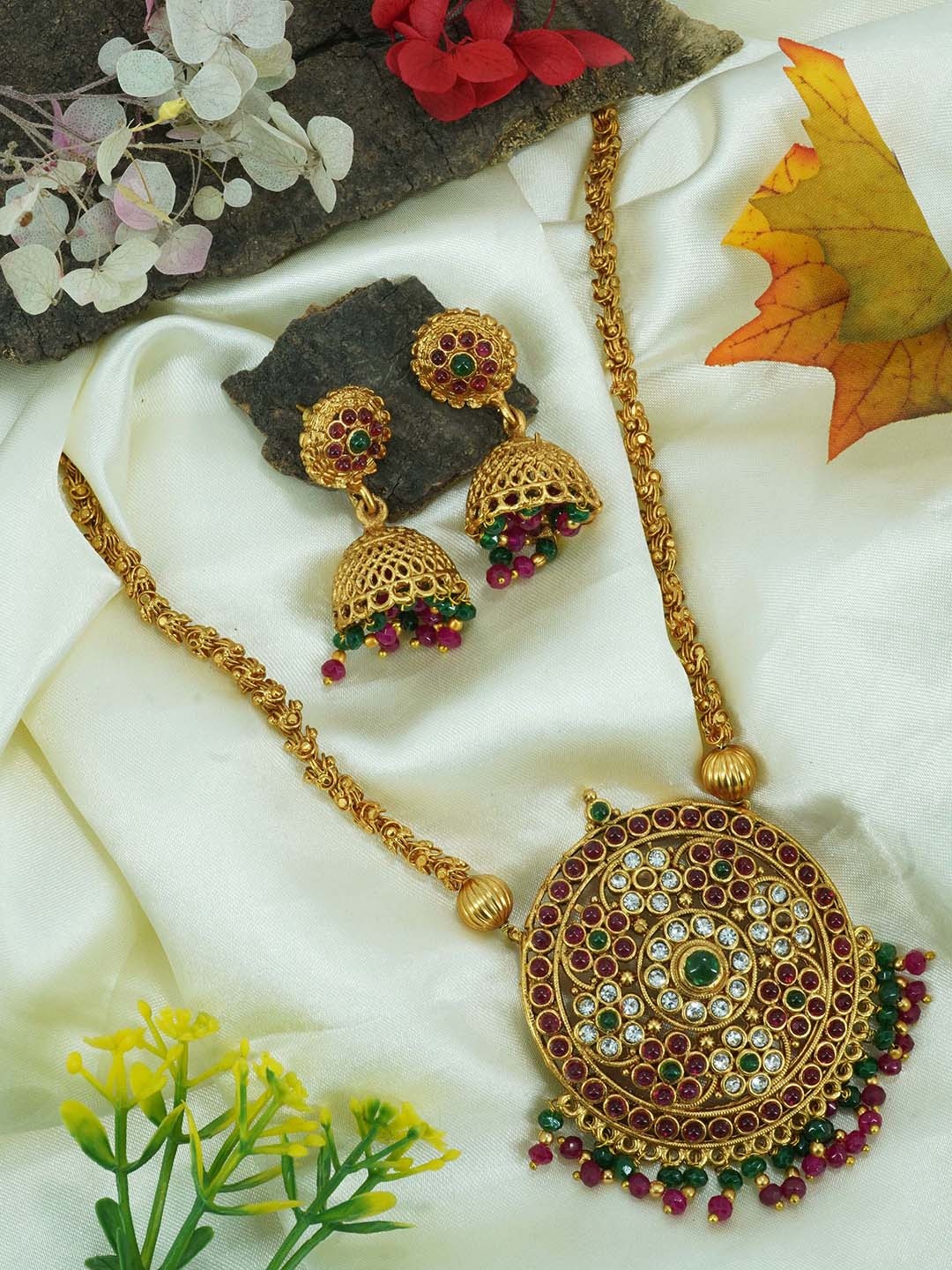 

GRIIHAM Gold-Plated AD-Studded & Pearl Beaded Jewellery Set, Green