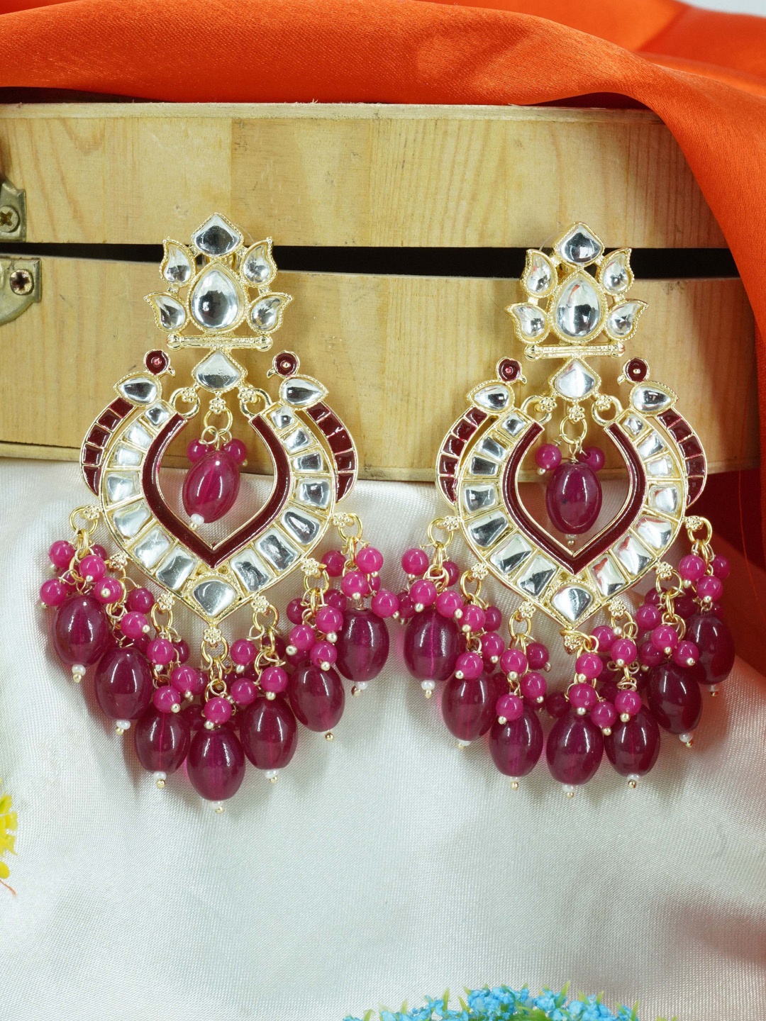 

GRIIHAM Gold-Plated Kundan Contemporary Chandbalis Earrings, Magenta