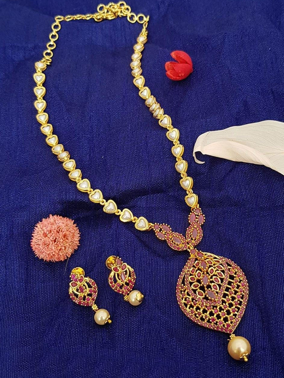 

GRIIHAM Gold-Plated CZ-Studded & Pearl Beaded Jewellery Set, Pink
