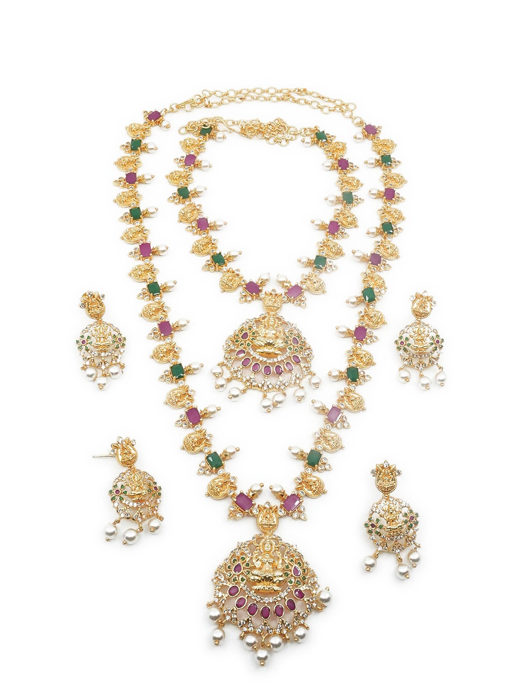 

GRIIHAM Gold-Plated AD-Studded & Beaded Jewellery Set, Green