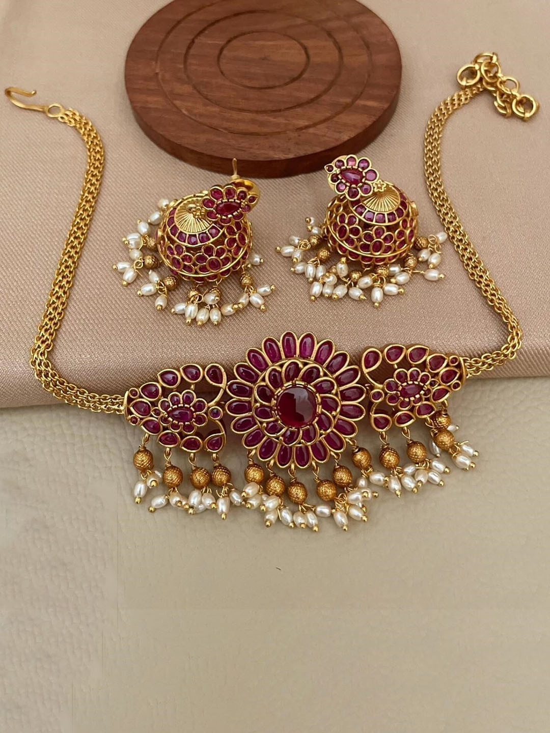 

GRIIHAM Gold-Plated CZ-Studded & Pearl Beaded Jewellery Set, Red