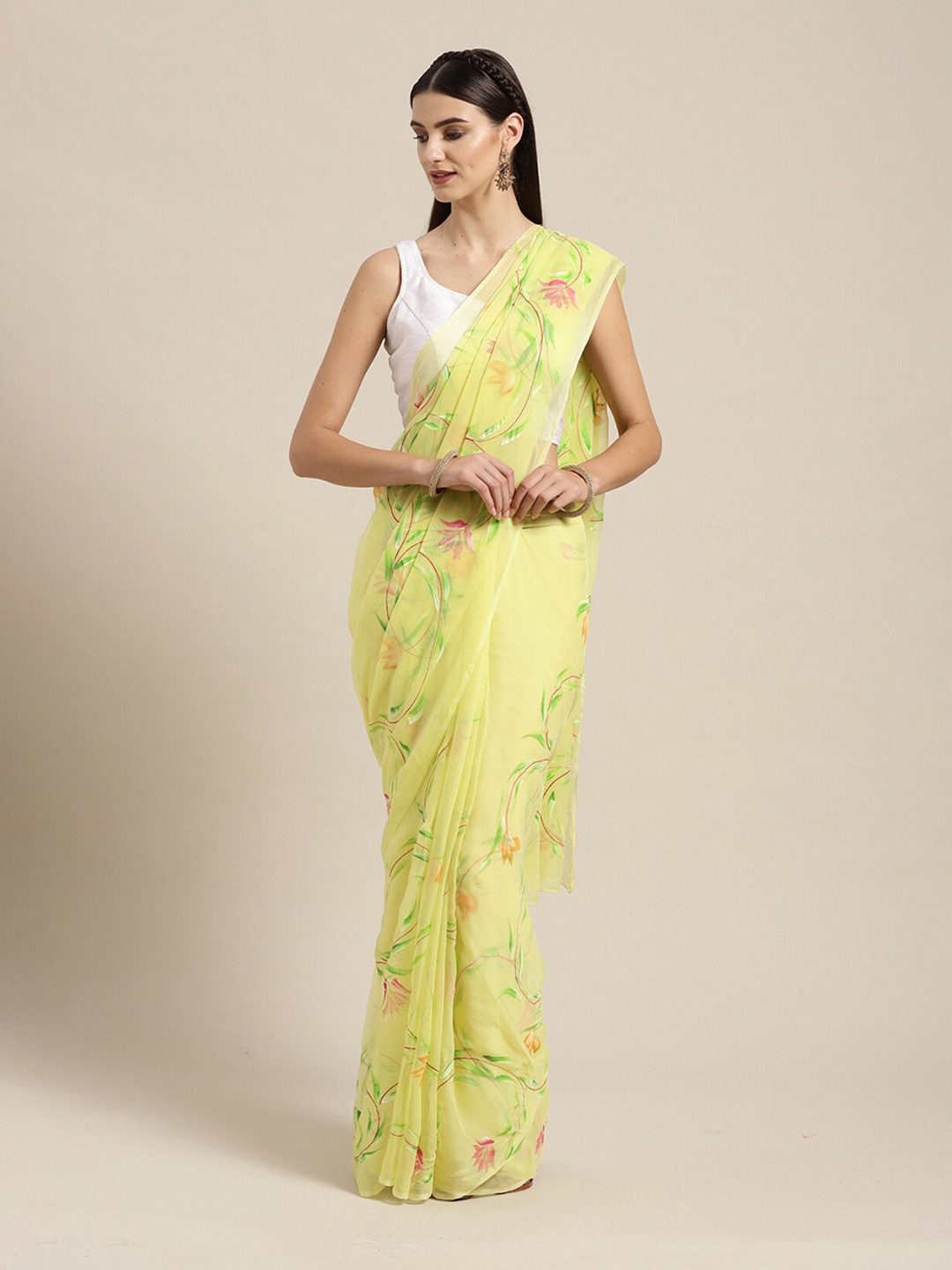 

Geroo Jaipur Floral Printed Pure Chiffon Saree, Yellow