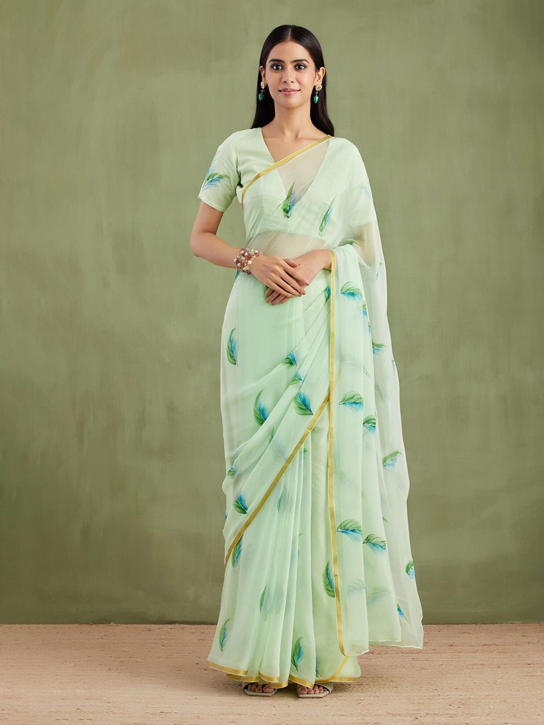 

Geroo Jaipur Floral Printed Zari Pure Chiffon Saree, Sea green