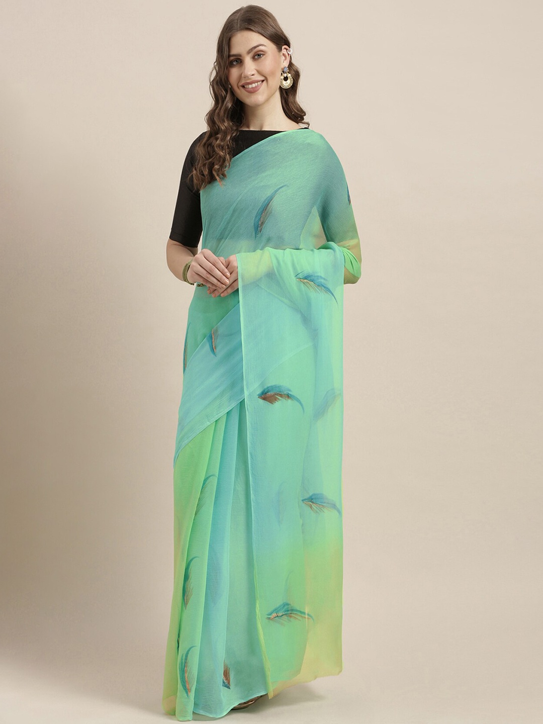 

Geroo Jaipur Floral Printed Pure Chiffon Saree, Green