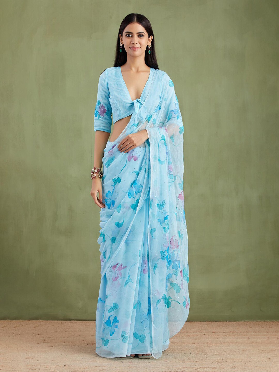 

Geroo Jaipur Floral Printed Pure Chiffon Saree, Blue