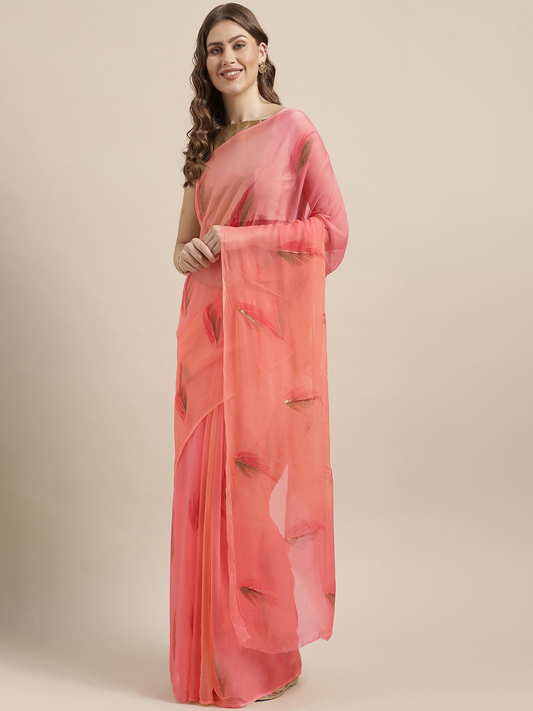 

Geroo Jaipur Floral Printed Pure Chiffon Saree, Peach