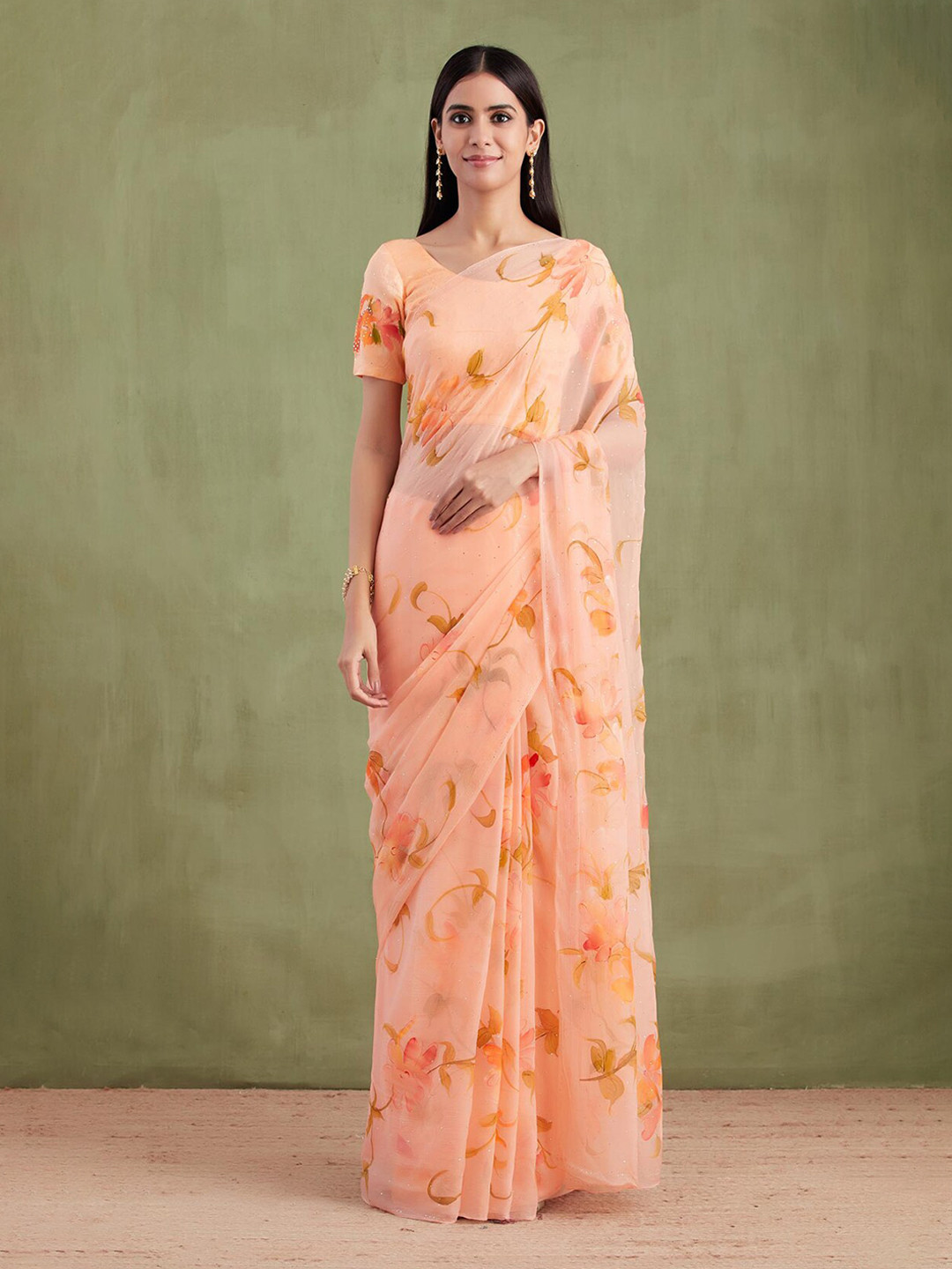 

Geroo Jaipur Floral Printed Mukaish Work Pure Chiffon Saree, Peach