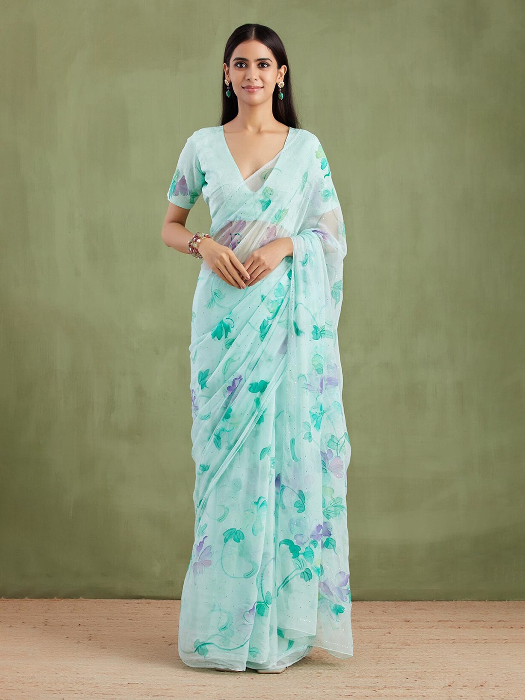 

Geroo Jaipur Floral Printed Mukaish Work Pure Chiffon Saree, Sea green