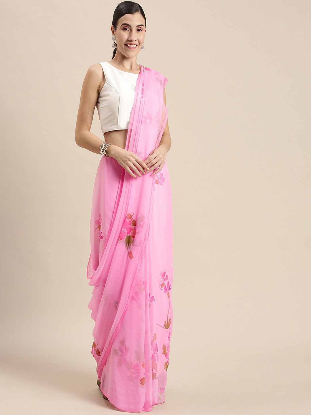 

Geroo Jaipur Floral Printed Pure Chiffon Saree, Pink