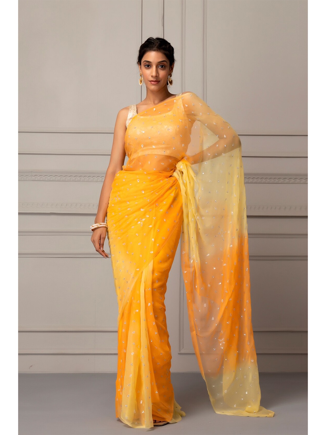 

Geroo Jaipur Beads And Stones Embellished Pure Chiffon Saree, Yellow