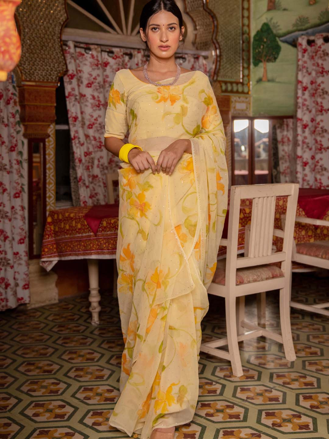 

Geroo Jaipur Floral Printed Mukaish Work Pure Chiffon Saree, Yellow