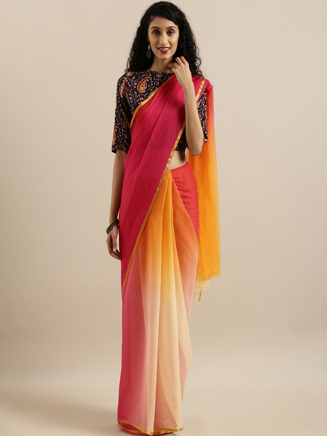 

Geroo Jaipur Ombre Dyed Zari Pure Chiffon Saree, Orange