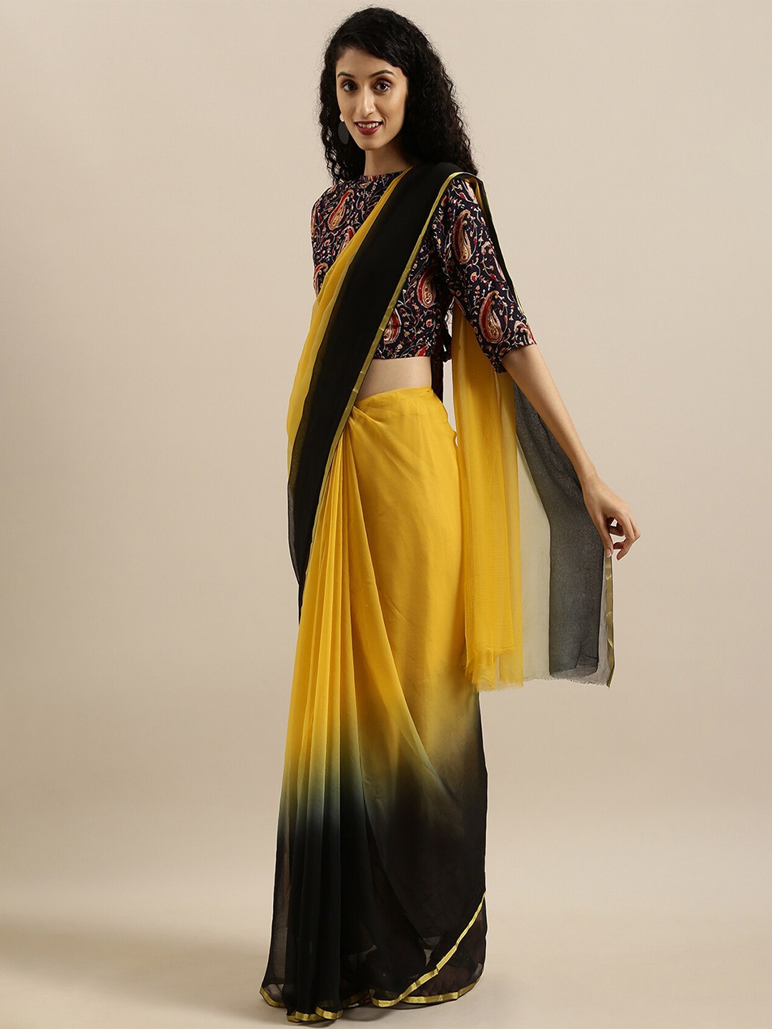 

Geroo Jaipur Ombre Dyed Zari Pure Chiffon Saree, Black