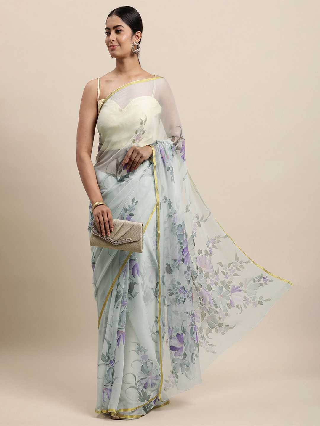 

Geroo Jaipur Floral Printed Zari Pure Chiffon Saree, Grey