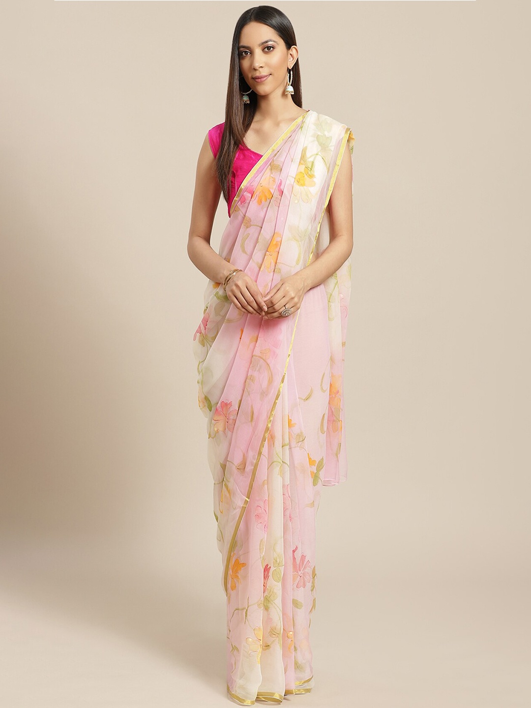 

Geroo Jaipur Floral Printed Zari Pure Chiffon Saree, Off white