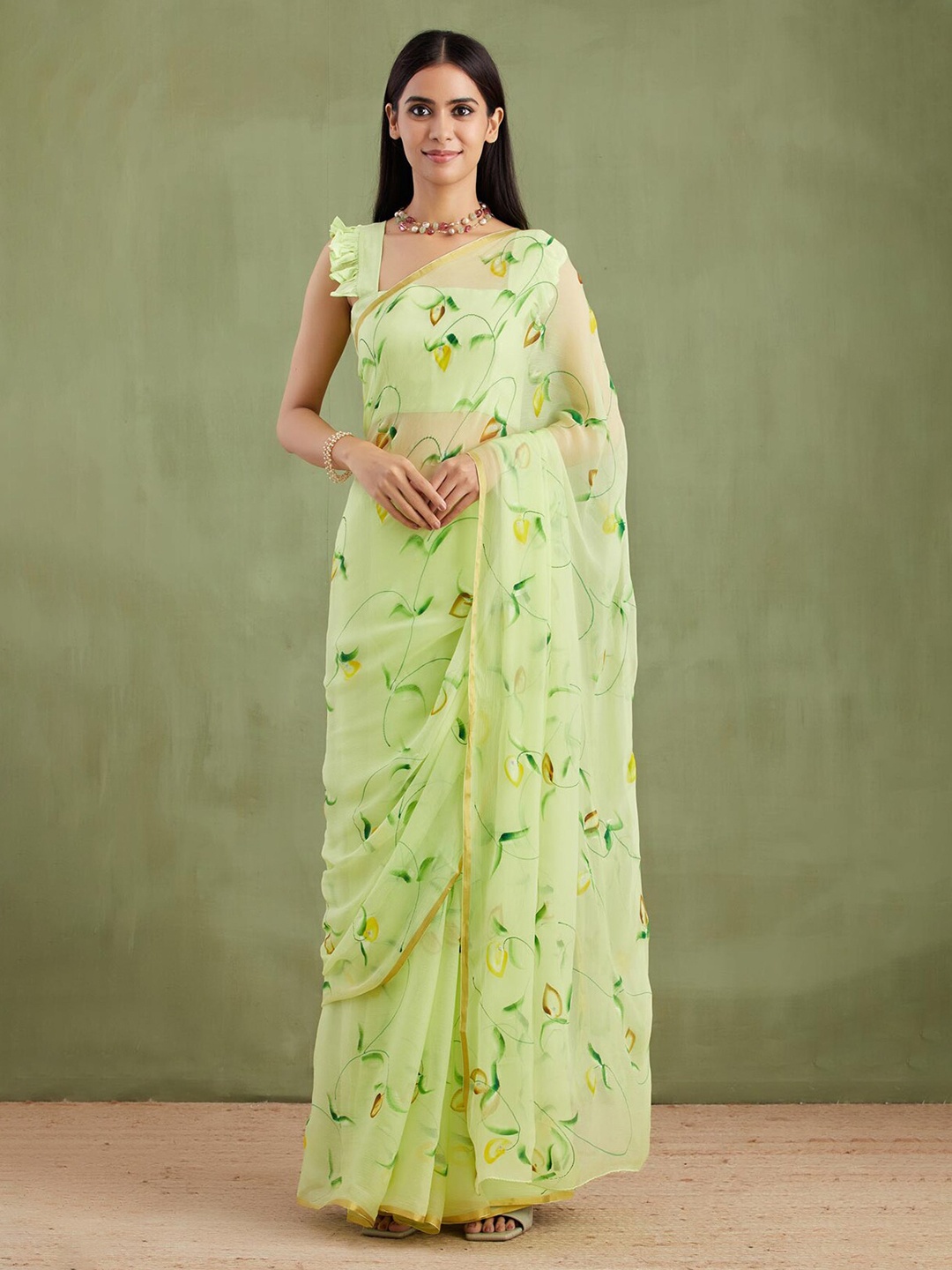 

Geroo Jaipur Floral Printed Zari Pure Chiffon Saree, Lime green
