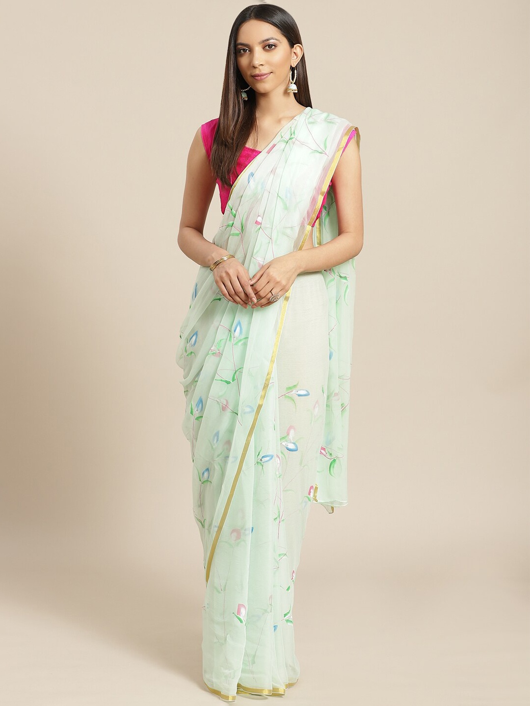 

Geroo Jaipur Floral Printed Zari Pure Chiffon Saree, Green