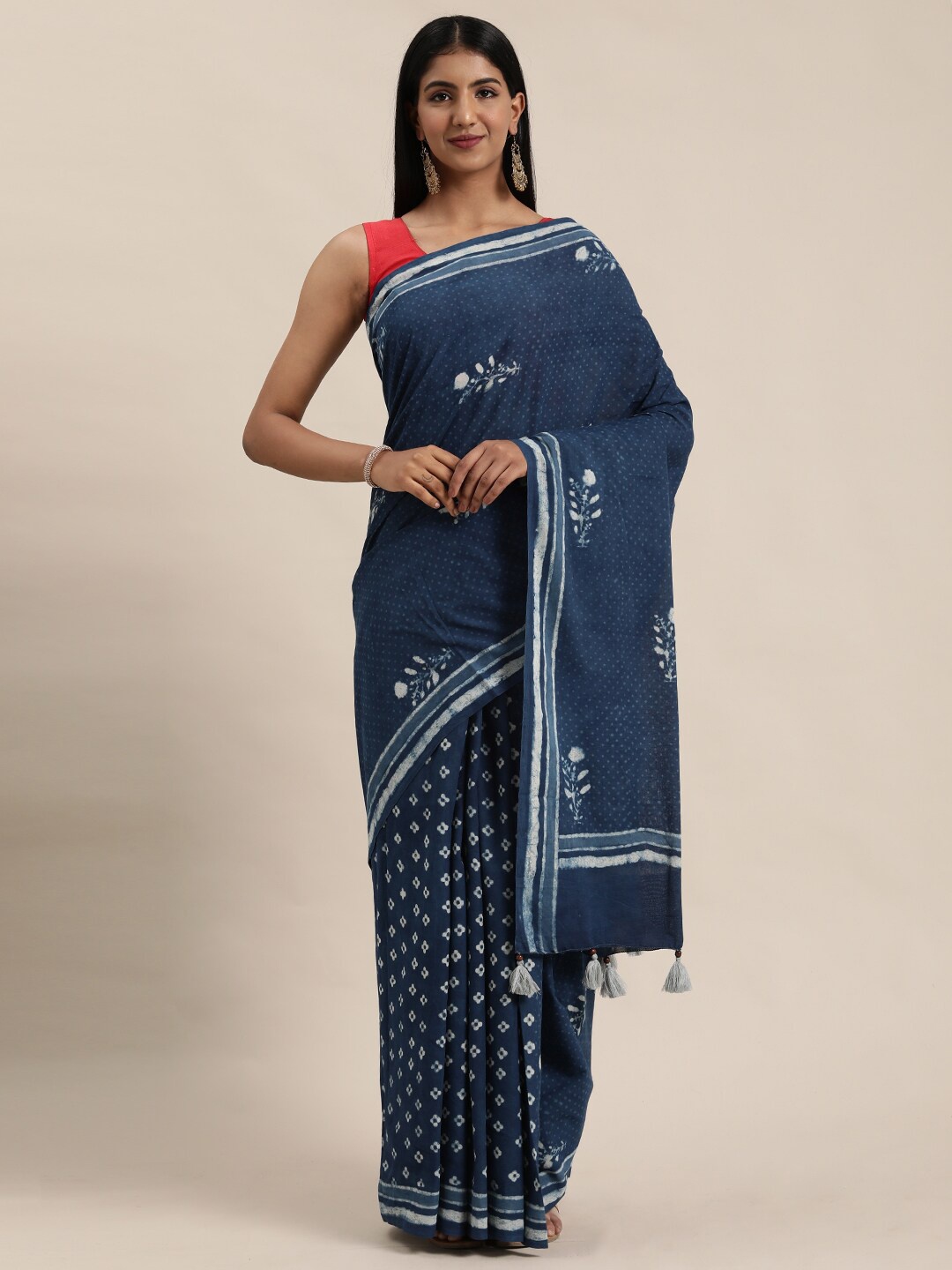 

Geroo Jaipur Floral Motif Block Printed Pure Cotton Bagru Saree, Blue
