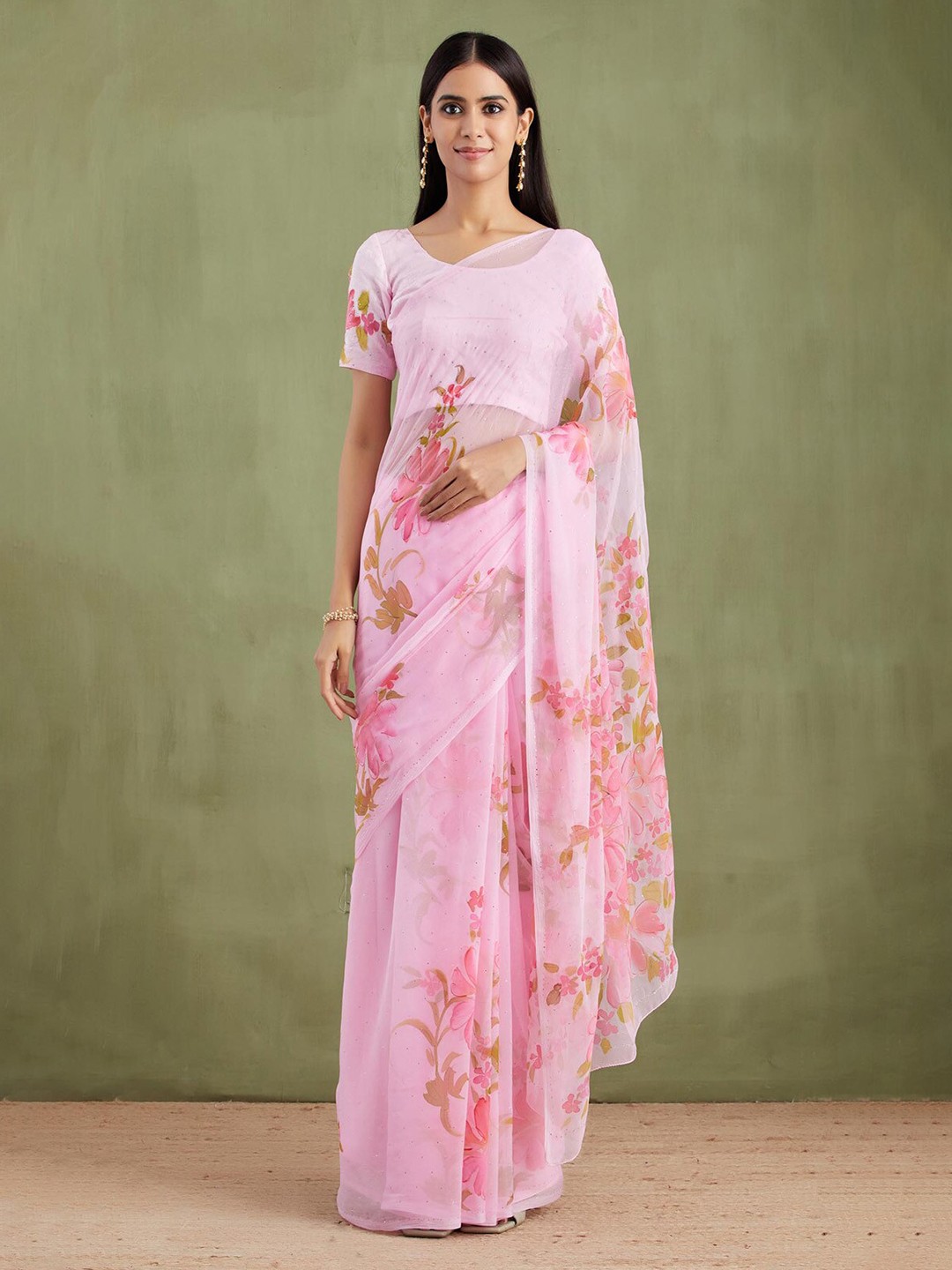 

Geroo Jaipur Floral Printed Mukaish Work Pure Chiffon Saree, Pink