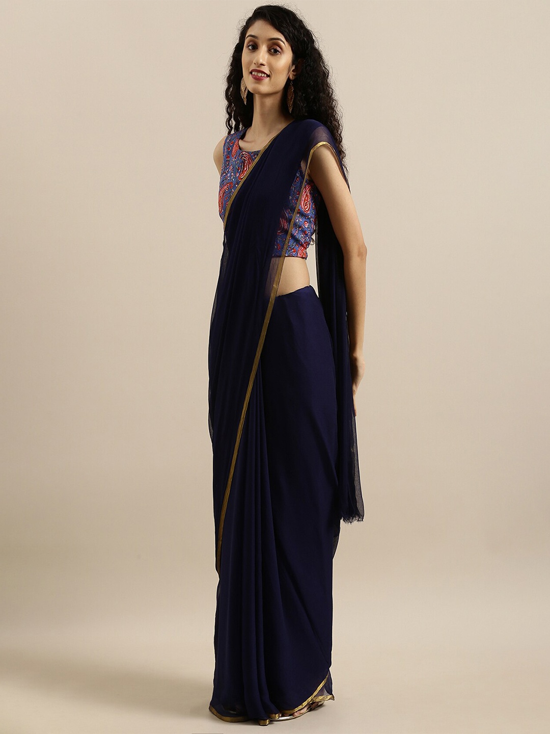 

Geroo Jaipur Zari Pure Chiffon Saree, Navy blue