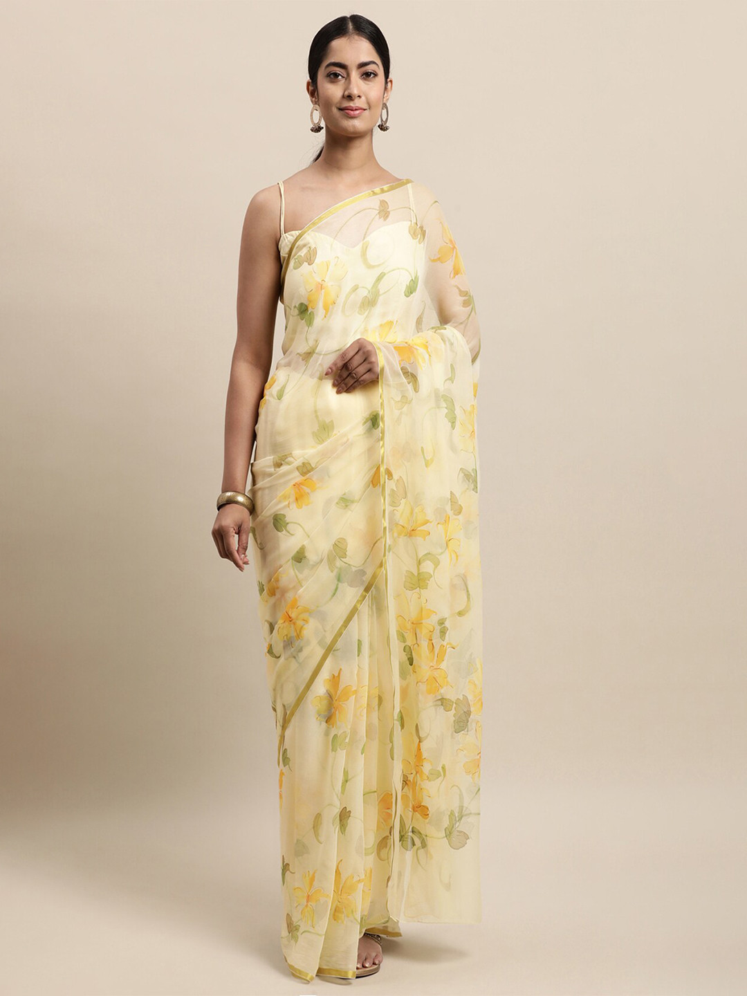 

Geroo Jaipur Floral Motif Printed Zari Pure Chiffon Saree, Yellow