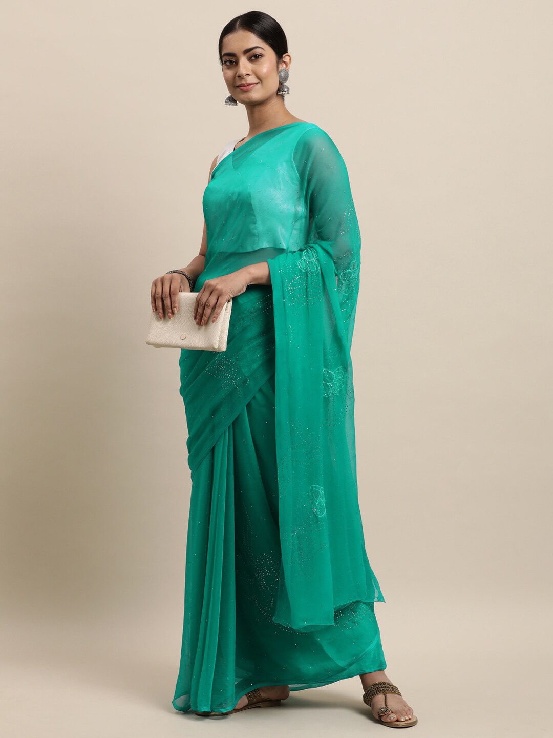 

Geroo Jaipur Floral Printed Mukaish Pure Chiffon Saree, Green