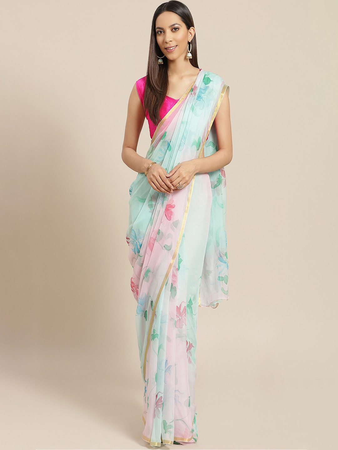

Geroo Jaipur Floral Printed Zari Pure Chiffon Saree, Blue