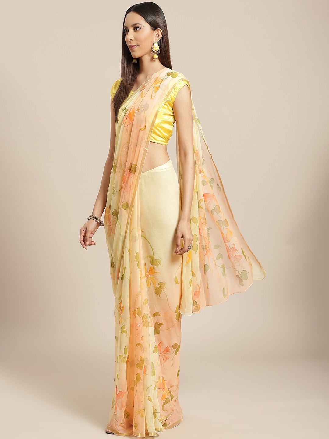 

Geroo Jaipur Floral Printed Zari Pure Chiffon Saree, Yellow