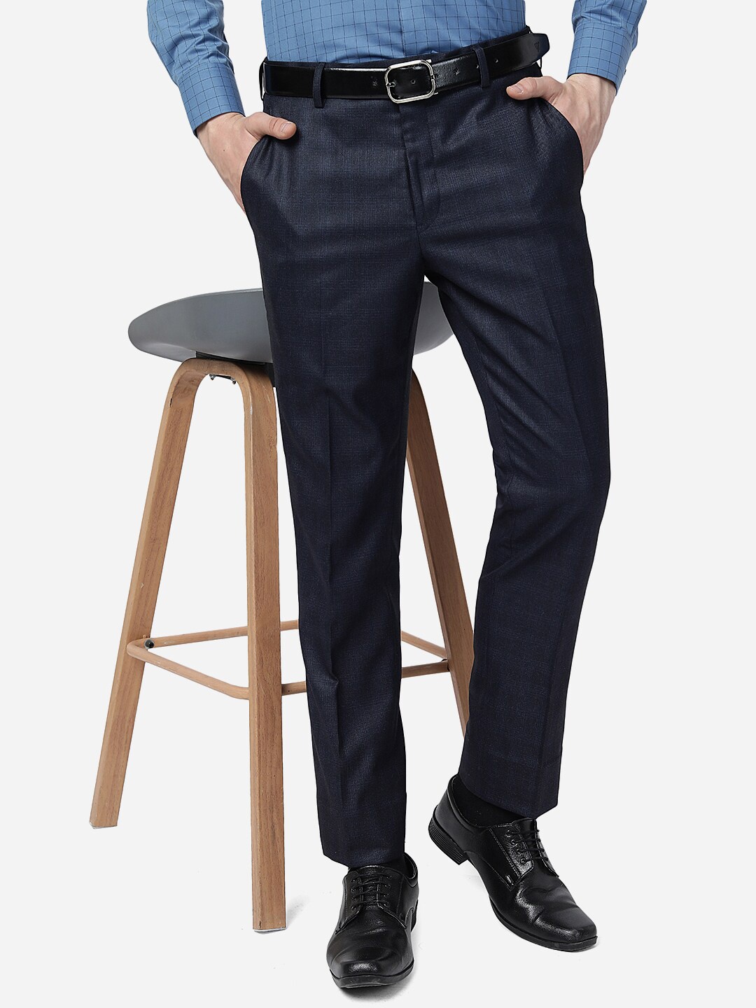 

METAL Men Slim Fit Mid-Rise Formal Trousers, Navy blue