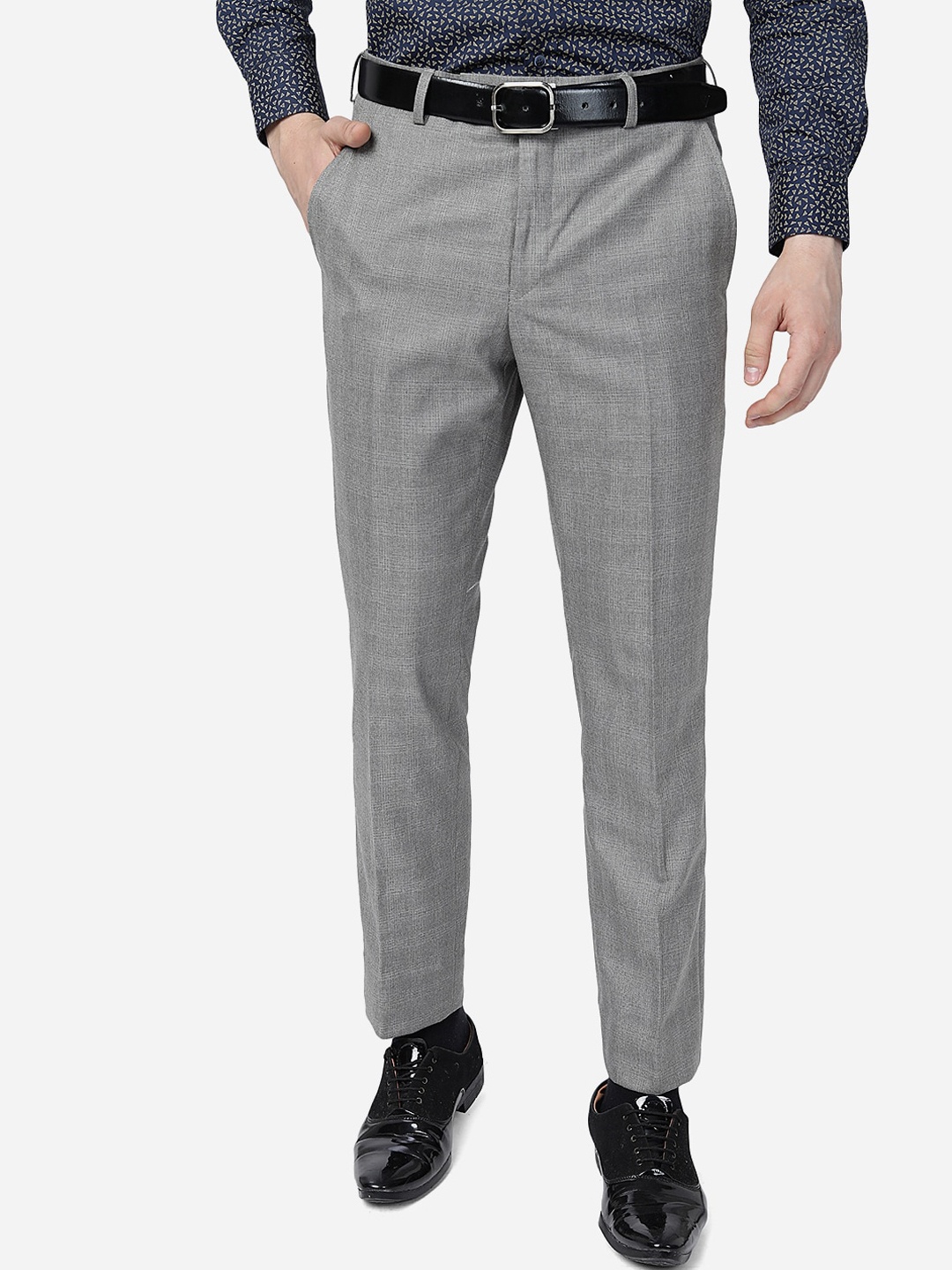 

METAL Men Checked Slim Fit Mid-Rise Formal Trousers, Grey