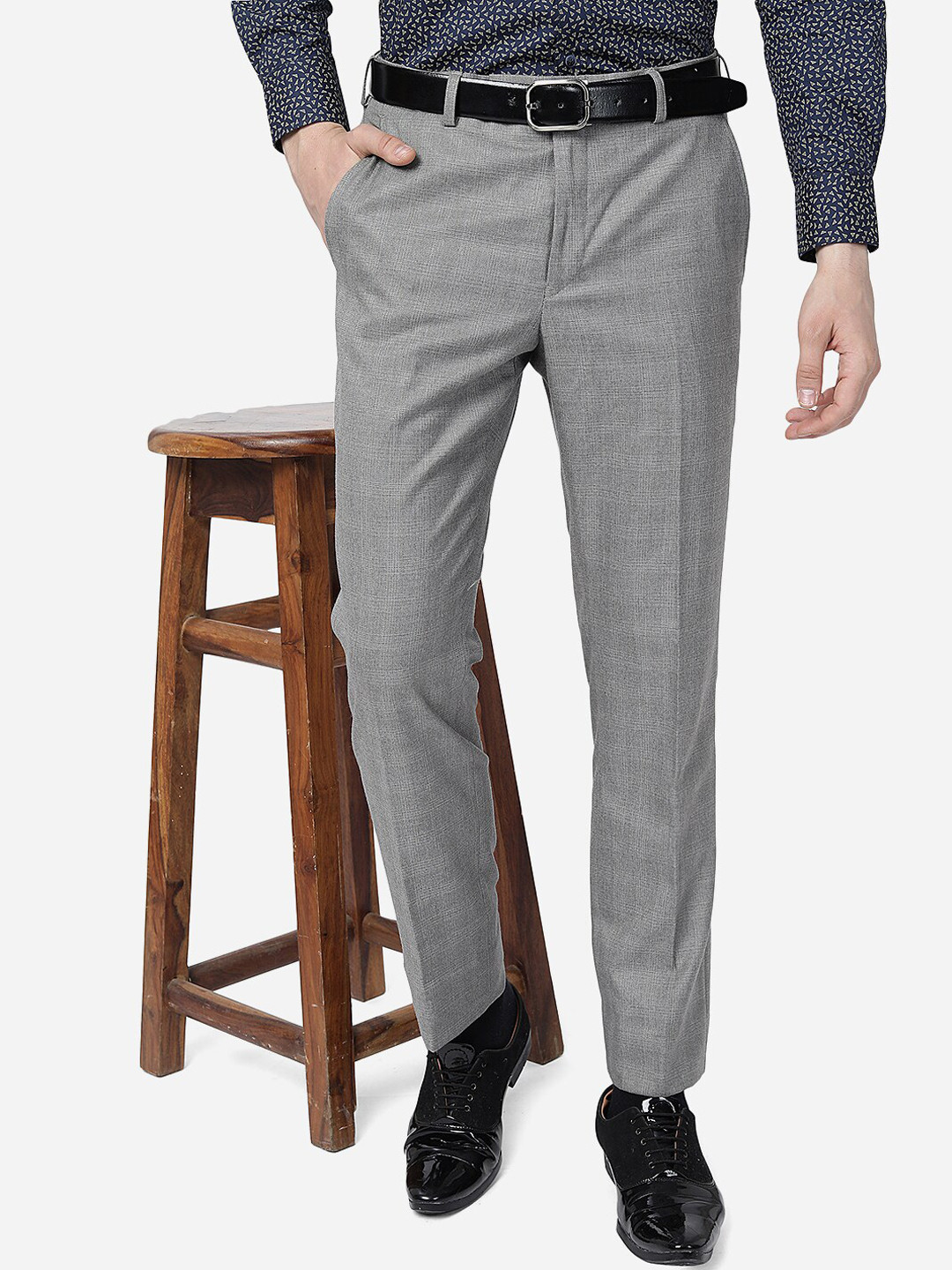 

METAL Men Checked Slim Fit Formal Trousers, Grey