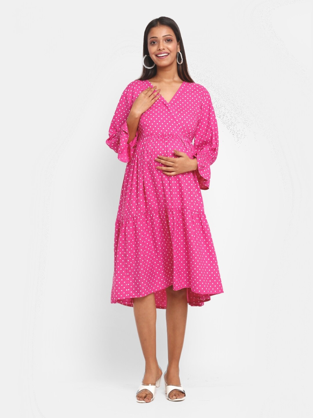 

Mylo Polka Dots Printed Maternity A-Line Dress with Zipper, Pink