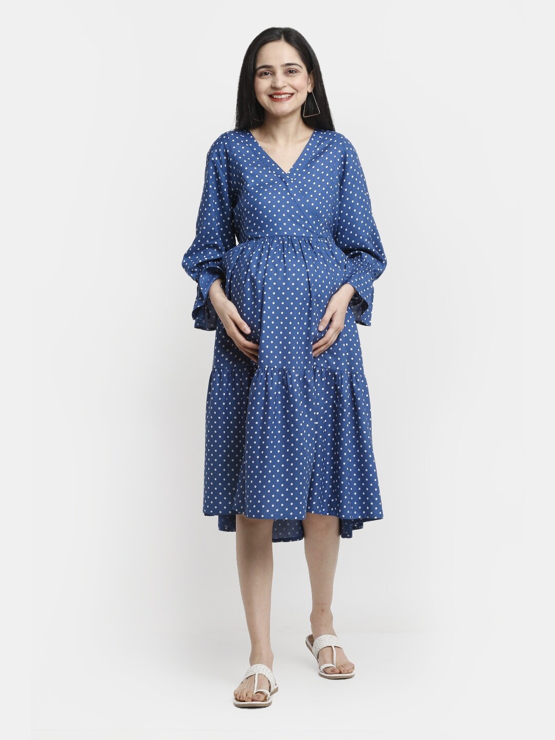 

Mylo Polka Dots Printed Maternity A-Line Dress with Zipper, Navy blue