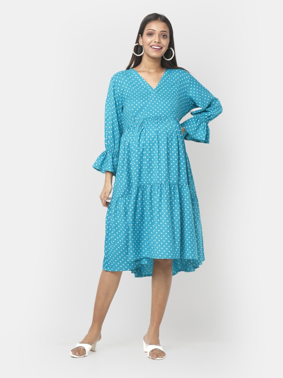 

Mylo Polka Dots Printed Maternity A-Line Dress with Zipper, Turquoise blue