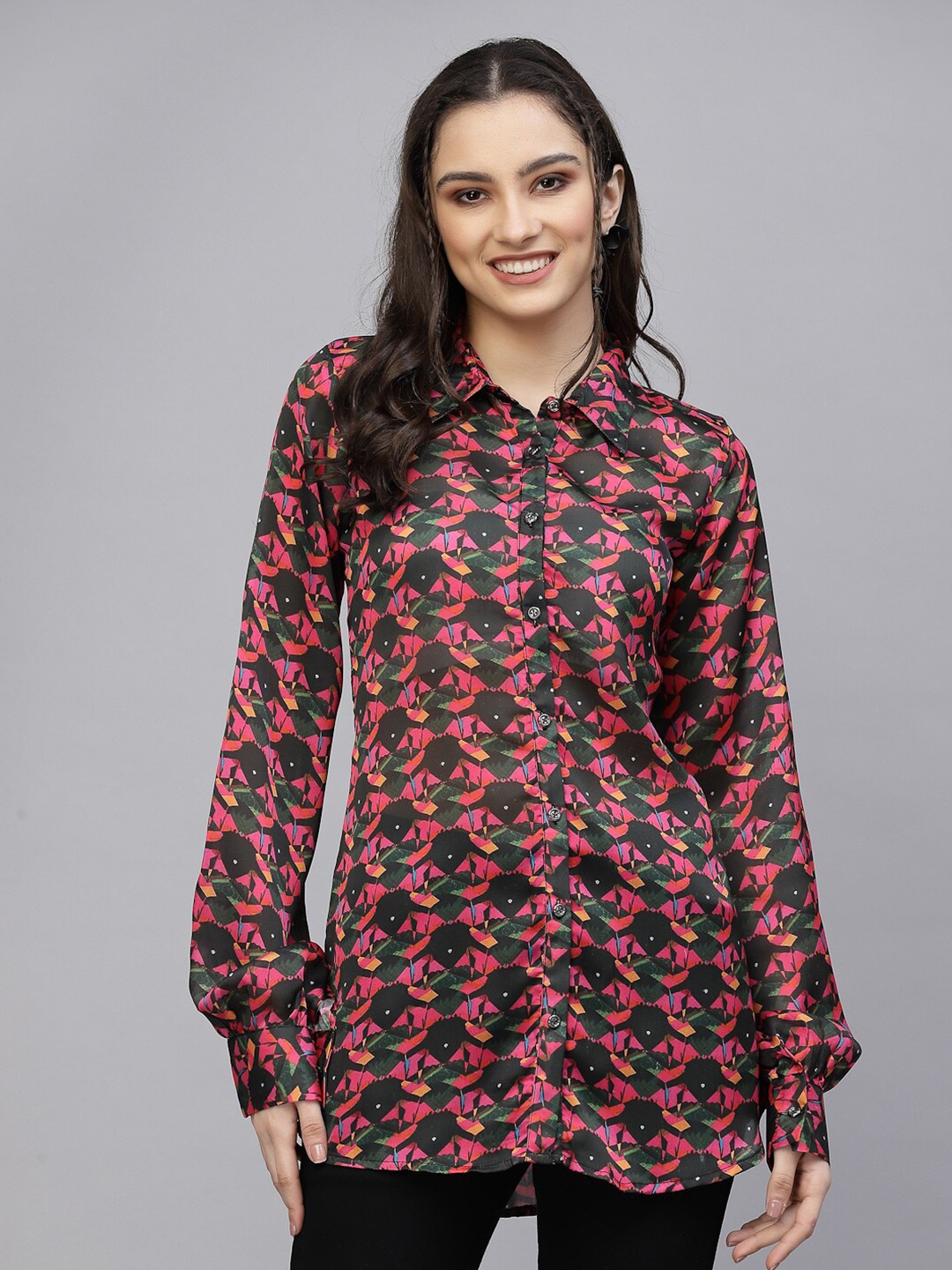 

TANKHI Abstract Printed Satin Casual Shirt, Green