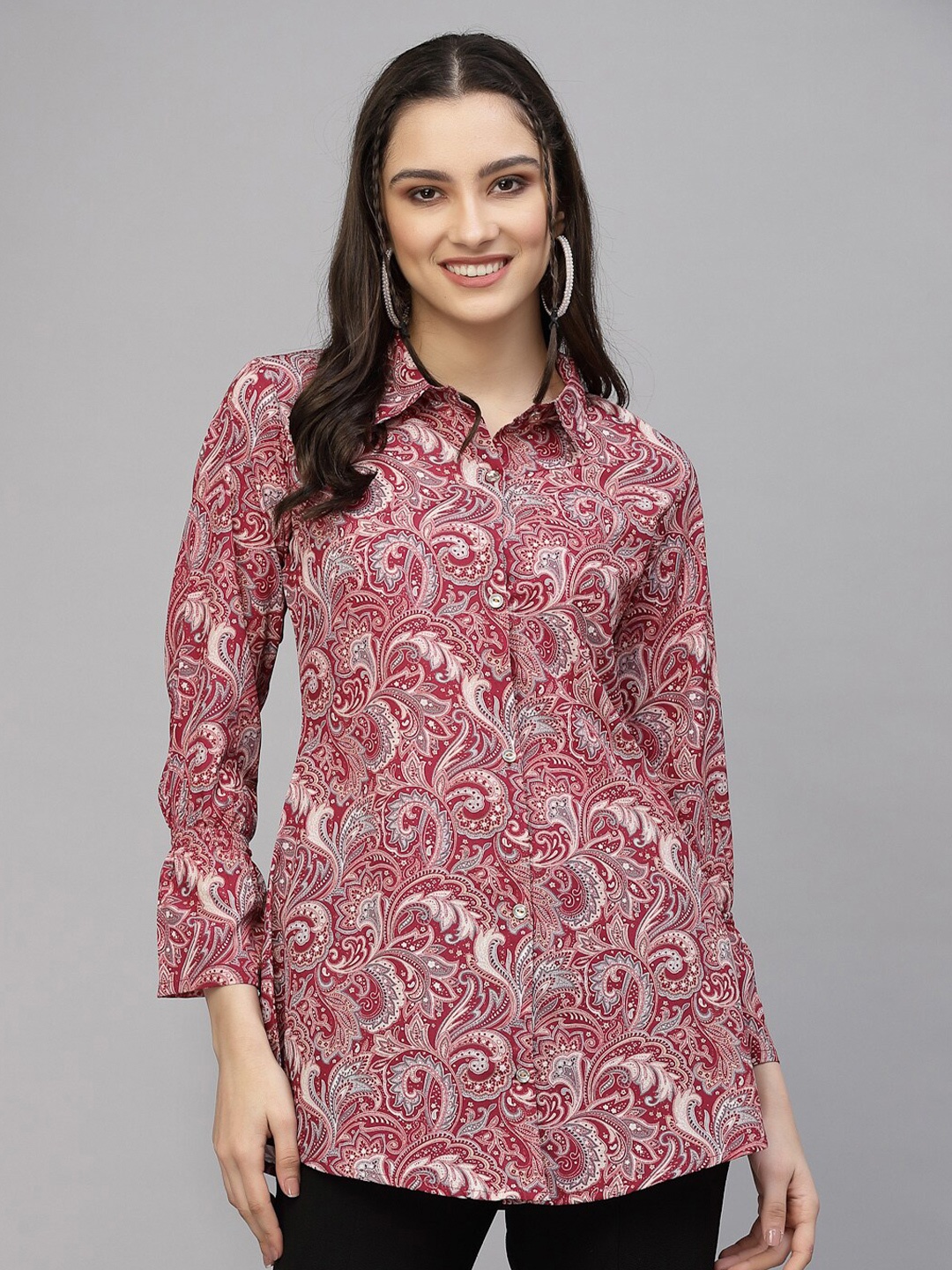 

TANKHI Comfort Ethnic Motifs Printed Satin Casual Shirt, Pink